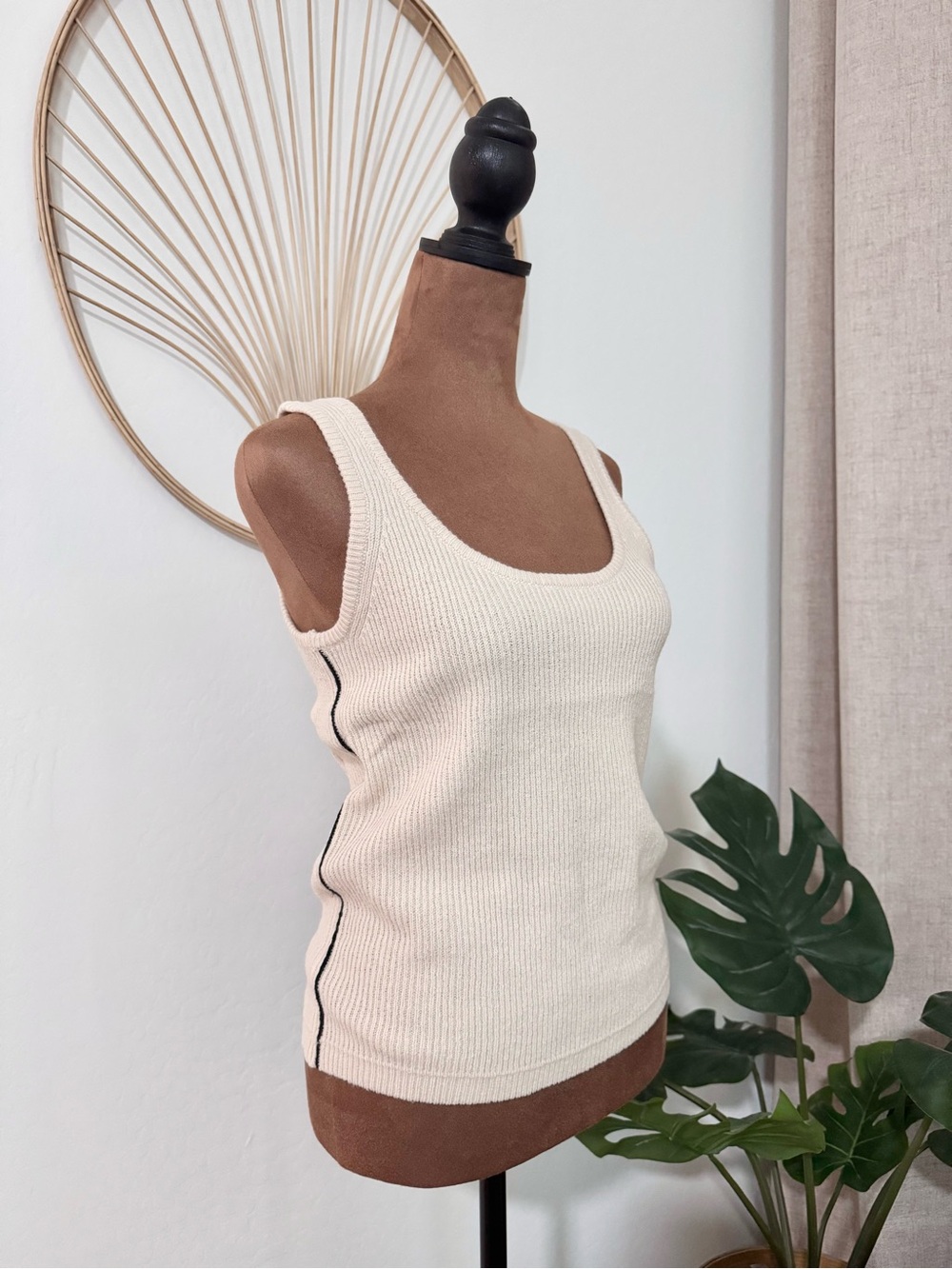 Cream Ribbed Tank Top with Contrast Side Stripe